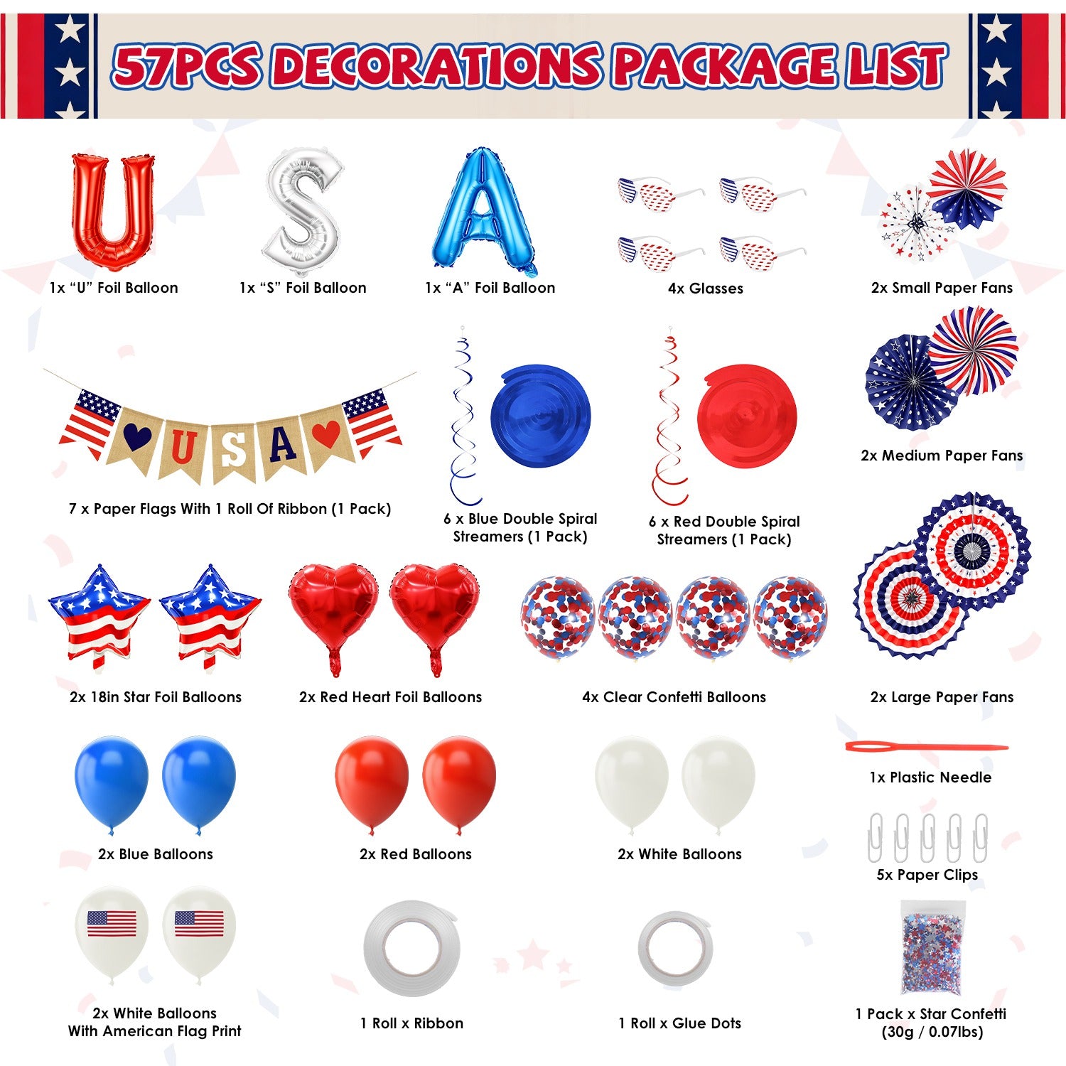 1Set 4th Of July Decorations Set,Patriotic Party Supplies With USA Foil Balloons Paper Fans Confetti Balloons Hanging St