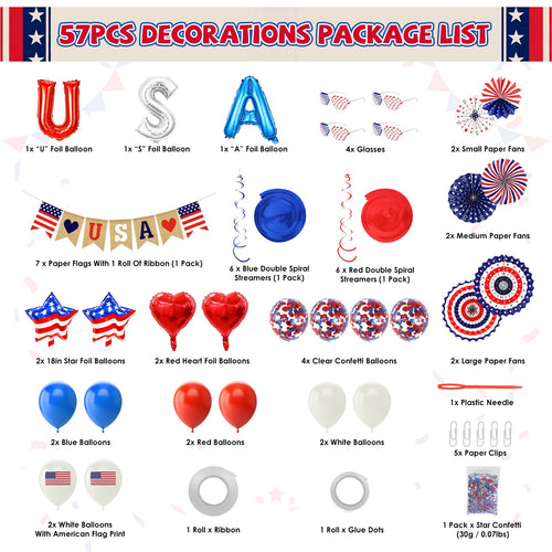 1Set 4th Of July Decorations Set,Patriotic Party Supplies With USA Foil Balloons Paper Fans Confetti Balloons Hanging St