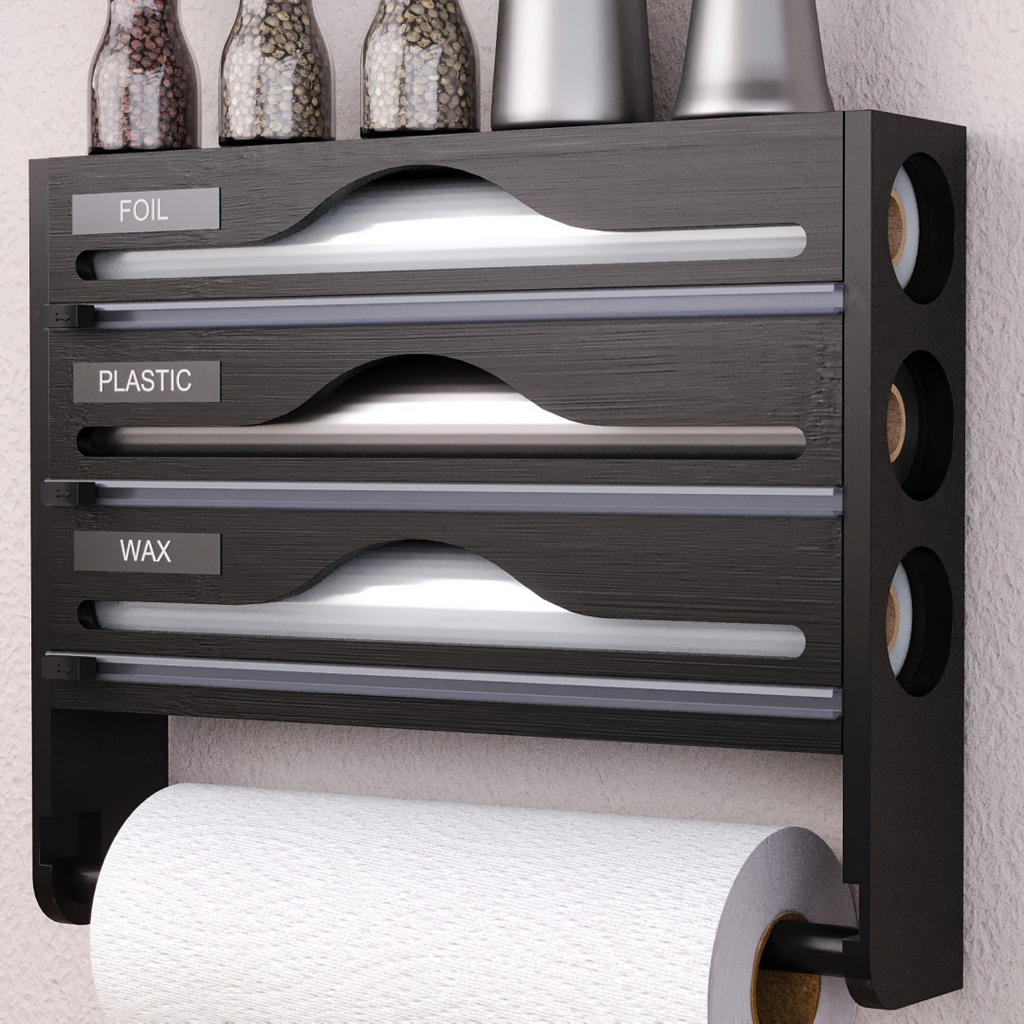 3-in-1 kitchen dispenser holding plastic wrap, foil and paper towel rolls in white plastic