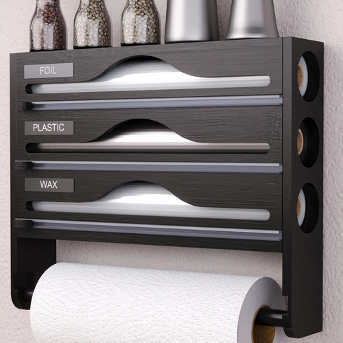 3-in-1 kitchen dispenser holding plastic wrap, foil and paper towel rolls in white plastic